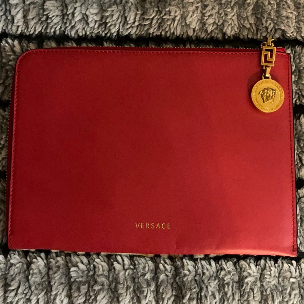 Versace red leopard zip clutch with gold Medusa